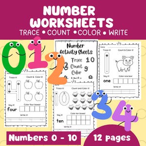 Peut inclure: Feuilles de travail éducatives sur les nombres pour enfants, avec les chiffres de 0 à 10. Les feuilles de travail comprennent des activités de traçage, de comptage, de coloriage et d'écriture. L'image montre des chiffres colorés et des feuilles d'activités.