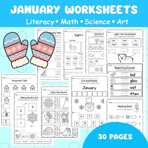 May include: A collection of January worksheets featuring literacy, maths, science, and art activities. The pages include exercises like labelling a polar bear, snowman tallying, beginning sounds, and cut-and-paste tasks, totalling 30 pages in all.
