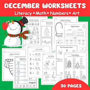 Pode incluir: Uma coleção de fichas de atividades de dezembro com exercícios de alfabetização, matemática, números e arte. As páginas incluem desenhos de linhas a preto e branco de bonecos de neve, árvores, luvas e ícones festivos com o texto DECEMBER WORKSHEETS.