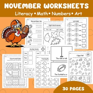 May include: A collection of November worksheets featuring literacy, maths, numbers, and art activities. The pages include tracing exercises, addition problems with turkeys, and counting tasks with footballs, leaves, and pumpkins. A cartoon turkey wearing a football helmet is shown.
