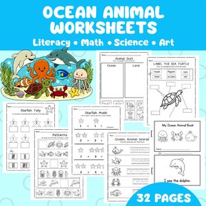 May include: A collection of 32-page ocean animal worksheets for literacy, math, science, and art. The worksheets feature illustrations of various sea creatures, including a dolphin, octopus, and sea turtle, with activities like labeling, counting, and matching.