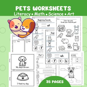 Può includere: Un foglio di lavoro verde e bianco intitolato "PETS WORKSHEETS" con i sottotitoli "Literacy, Math, Science, Art". Il foglio di lavoro include attività a tema animali domestici, illustrazioni e il testo "35 PAGES."