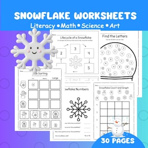 May include: A set of 30 pages of snowflake-themed worksheets for literacy, maths, science, and art. Activities include letter finding, size sorting, and counting. A smiling snowflake graphic is featured.