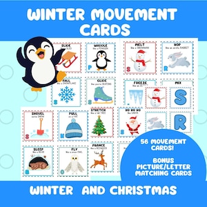 May include: A set of colorful Winter Movement Cards with a penguin graphic. The cards feature winter-themed illustrations and text, including "Slide," "Waddle," and "Melt." Bonus picture/letter matching cards are included.