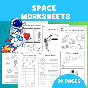 Może przedstawiać: Zestaw 20 kart pracy o tematyce kosmicznej dla dzieci. Okładka przedstawia astronautę na rakiecie, z napisem "SPACE WORKSHEETS" powyżej. Zawiera ćwiczenia liczenia, śledzenia i kolorowania.