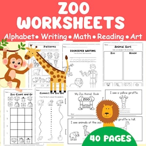 May include: A collection of zoo-themed worksheets for children. The worksheets include activities for alphabet, writing, math, reading, and art. The image features a monkey, giraffe, lion, and various animal-themed illustrations. The text on the image says "ZOO WORKSHEETS" and "40 PAGES".