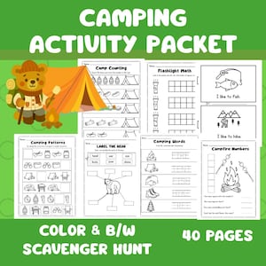 May include: A camping activity packet with a bear illustration, tent, and campfire. Includes pages for camp counting, flashlight math, camping patterns, labeling a bear, camping words, and campfire numbers. Features a color and black & white scavenger hunt with 40 pages.