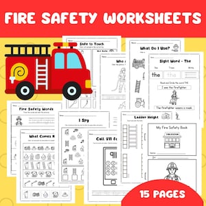 May include: A collection of 15 educational fire safety worksheets featuring a red fire engine illustration at the top. The pages include activities like tracing words, counting, and colouring, with text such as Fire Safety Worksheets, Sight Word - The, and Call 911.