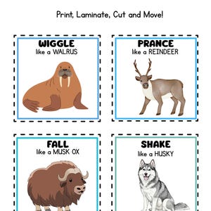 May include: Arctic Movement Cards with illustrations of arctic animals. The cards feature a walrus, reindeer, musk ox, and husky, each demonstrating a movement. Text includes "Wiggle," "Prance," "Fall," and "Shake."