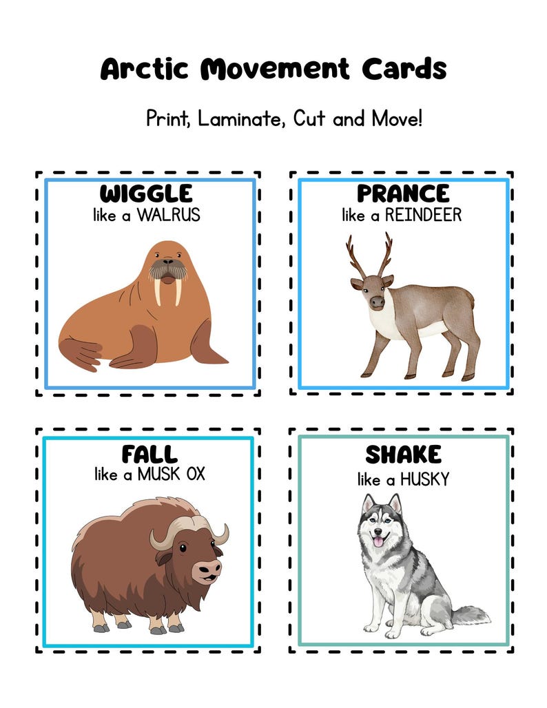 May include: Arctic Movement Cards with illustrations of arctic animals. The cards feature a walrus, reindeer, musk ox, and husky, each demonstrating a movement. Text includes "Wiggle," "Prance," "Fall," and "Shake."