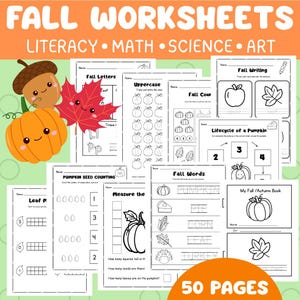 Fall Activity Worksheets: Preschool and Kindergarten Literacy, Math & Art (Printable PDF - 50 pages)