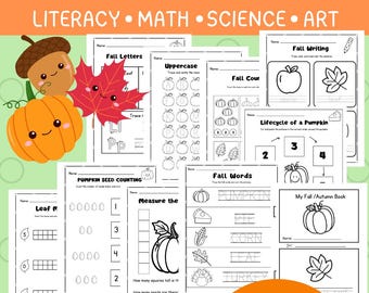 Fall Activity Worksheets: Preschool and Kindergarten Literacy, Math & Art (Printable PDF - 50 pages)