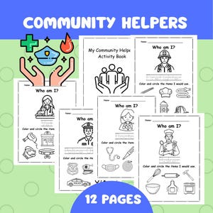 以下が含まれることがあります： 「Community Helpers」というタイトルの12ページの活動ブックのコレクション。各ページには、消防士、獣医、医師など、さまざまなコミュニティヘルパーが登場し、イラストと記入式の活動があります。表紙にはタイトルと、十字架、警察の帽子、炎を持つ手のグラフィックが表示されています。