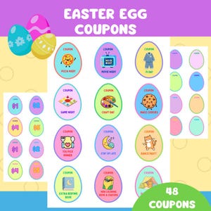 Può includere: Buoni a forma di uovo di Pasqua colorati con varie attività e valori monetari. I buoni includono opzioni come "Pizza Night", "Movie Night" e "Make Cookies". L'immagine presenta anche il testo "Easter Egg Coupons" e "48 Coupons".
