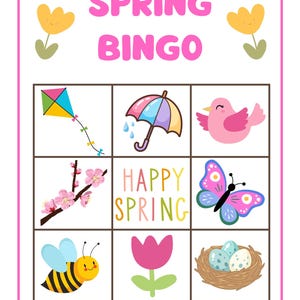 Puede incluir: Una colorida tarjeta de juego de bingo de primavera con un borde rosa. La tarjeta presenta ilustraciones de una cometa, un paraguas, un pájaro, una rama floreciente, las palabras "Happy Spring", una mariposa, una abeja, un tulipán y un nido con huevos. Las palabras "Spring Bingo" están en la parte superior.