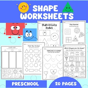 May include: Shape worksheets for preschool children. The image shows a collection of printable worksheets with various shapes, including circles, squares, and triangles. The worksheets include activities like shape sorting, tracing, and identifying shapes. The text on the image says "20 pages".