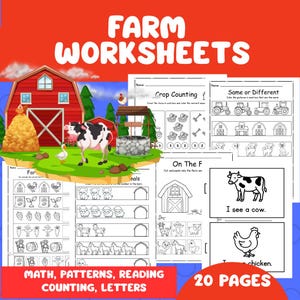 May include: A colorful educational worksheet set titled "Farm Worksheets." The cover features a red barn, a cow, and a well. The worksheets include activities for math, patterns, reading, counting, and letters. The set contains 20 pages.