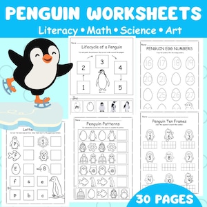 May include: A collection of 30 penguin-themed worksheets for literacy, math, science, and art. The cover features a cartoon penguin on ice skates. Worksheets include number matching, patterns, and letter recognition exercises. The title "PENGUIN WORKSHEETS" is at the top.