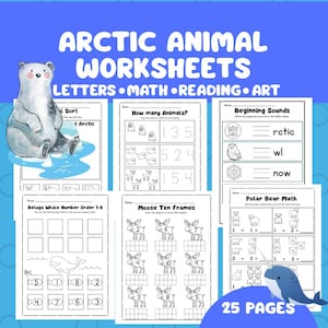 Puede incluir: Un conjunto de 25 hojas de trabajo de animales árticos para letras, matemáticas, lectura y arte. Las hojas de trabajo presentan una ilustración de oso polar e incluyen actividades como orden de números, conteo y sonidos iniciales. El título está en letras azules grandes.