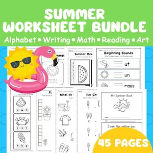 Peut inclure: Un ensemble de fiches d'exercices d'été avec le texte "SUMMER WORKSHEET BUNDLE" et les matières : Alphabet, Écriture, Mathématiques, Lecture et Art. L'image comprend un soleil jaune avec des lunettes de soleil, un flotteur flamant rose et des pages d'activités estivales.