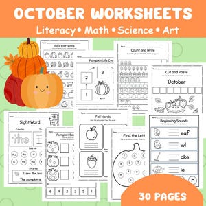 May include: A collection of educational worksheets titled OCTOBER WORKSHEETS featuring literacy, math, science, and art activities. The pages include black and white illustrations of pumpkins, leaves, and acorns, with a stack of three colorful pumpkins.