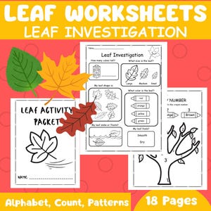 May include: A set of educational leaf worksheets featuring black and white activity pages with prompts for leaf investigation, counting, and patterns. The pages include illustrations of leaves, trees, and crayons, accented by green, yellow, and brown leaf icons.
