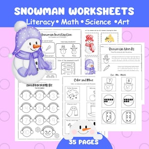 May include: A set of snowman-themed worksheets for literacy, maths, science, and art. The pages include snowman illustrations and activities such as tracing numbers, matching, and colouring. The title "SNOWMAN WORKSHEETS" is displayed at the top.