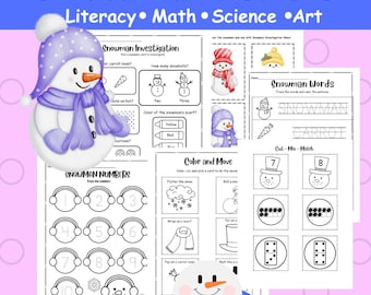 Snowman Worksheets-Literacy, Math, Science, Art Preschool and Kindergarten Winter (printable pdf)