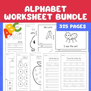 May include: An alphabet worksheet bundle with the text "ALPHABET WORKSHEET BUNDLE" and "325 PAGES". The worksheets include tracing, writing, and matching activities for the letter "A" and other letters. The image features an ant.