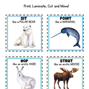 May include: Educational Arctic Movement Cards featuring a polar bear, narwhal, arctic hare, and moose. Each card has a movement prompt: Sit, Point, Hop, and Strut. The cards are designed to be printed, laminated, cut, and used for movement activities.