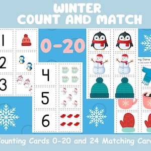 May include: A winter-themed educational game with counting cards from 0-20 and matching cards. The cards feature winter-related illustrations like penguins, snowmen, hats, and mittens. The background is a light blue color with snowflakes.