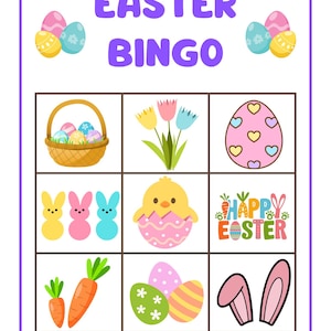 May include: An Easter Bingo card with a purple border, featuring various Easter-themed illustrations. The card includes images of eggs, bunnies, carrots, and a chick. The words "EASTER BINGO" are displayed at the top.