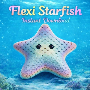 May include: A colorful starfish with a gradient of pastel colors, including pink, yellow, and blue, is featured in an underwater scene. The starfish has a textured surface and two black eyes. The text "Flexi Starfish Instant Download" is displayed above.