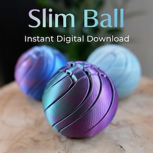 May include: Three textured Slim Balls in shades of blue, purple, and teal. The balls have a segmented design and are arranged on a wooden surface. Text at the top reads "Slim Ball" and "Instant Digital Download".