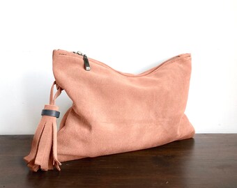 rustic pink leather clutch purse with zipper /& pockets women toiletry leather bag, big leather clutch bag with wristlet strap