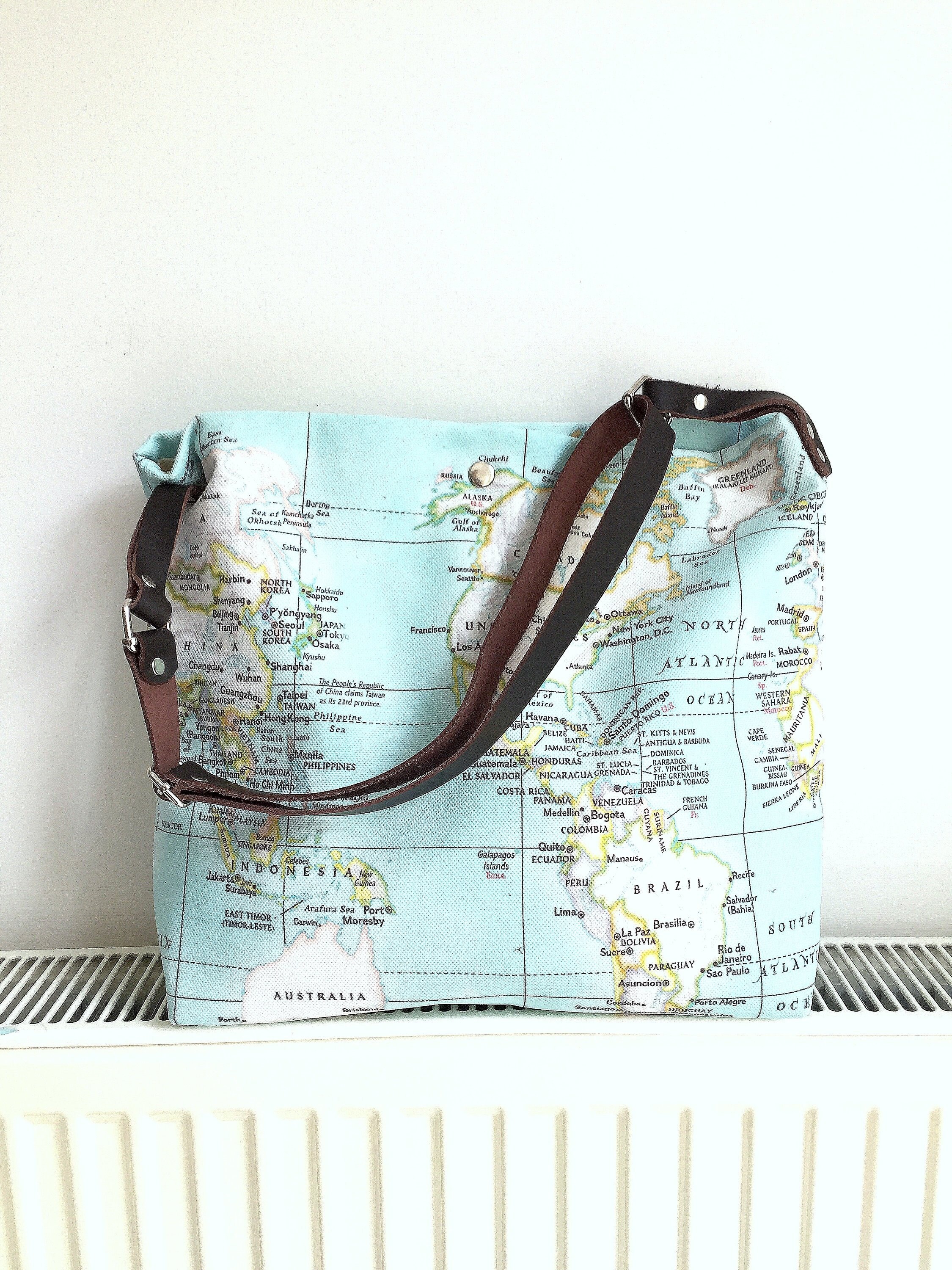 Bright Mint Bag Mint World Map Bag Leather Canvas Tote Tan Etsy