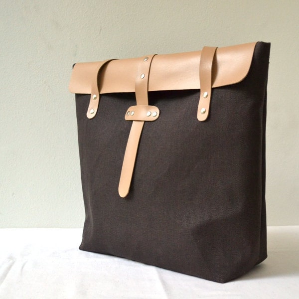 Canvas and Leather Tote Bag, Diaper Bag, Large Travel Tote, Shoulder Bag, School Bag, Magazine Tote, Laptop Tote