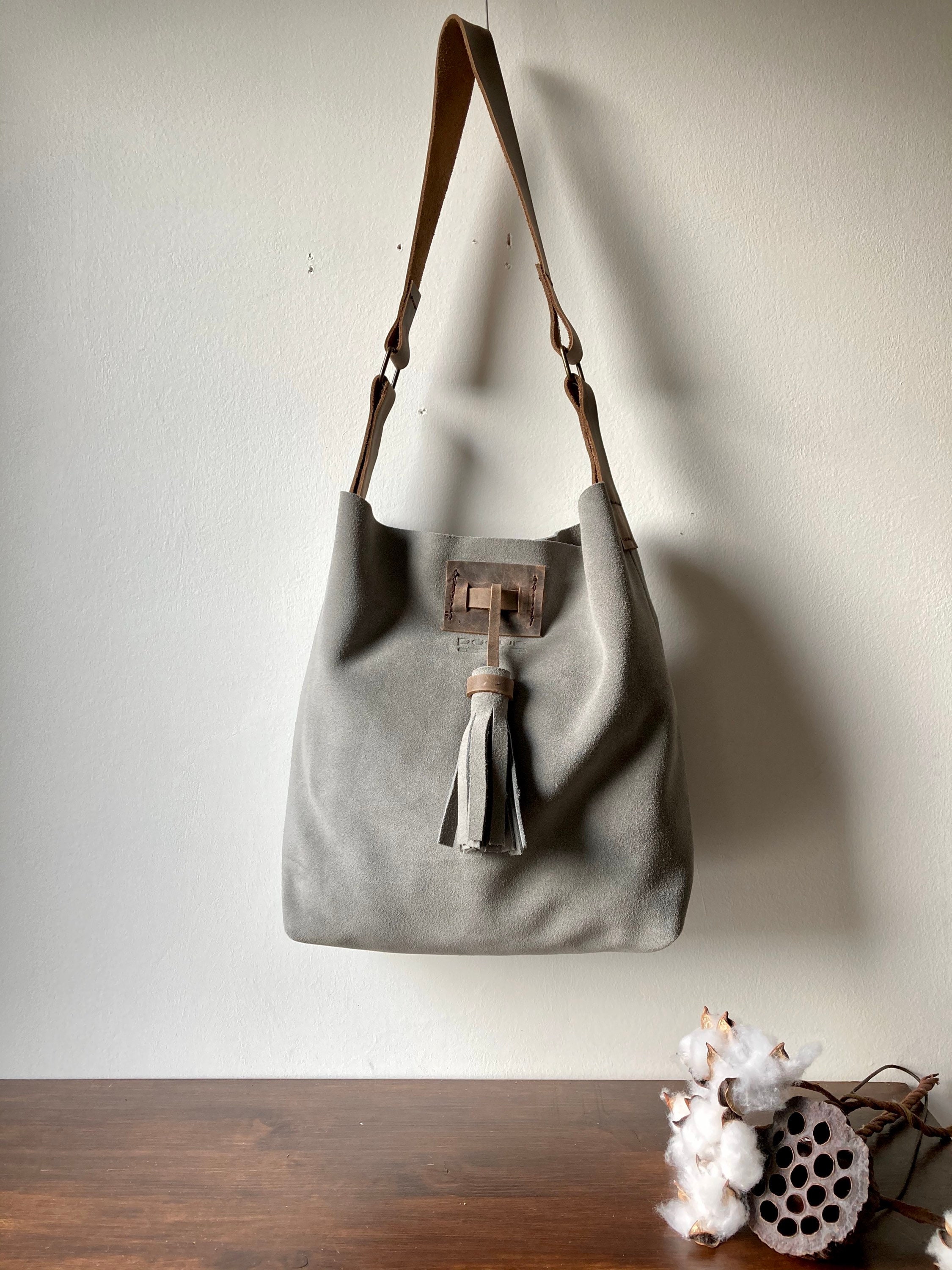 Suede Bag Grey Suede Bag Leather Handle Suede Hobo Bag Gift | Etsy