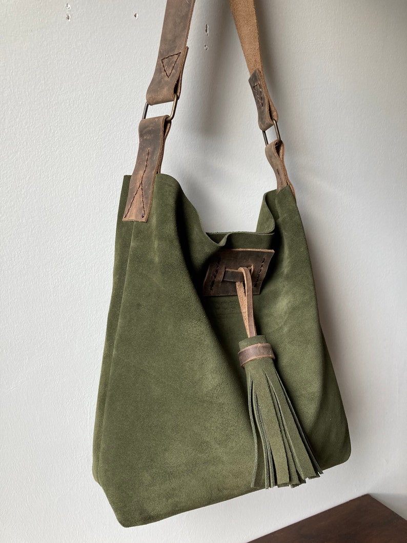 Khaki Suede Tote Sued and Leather Shoulder Bag Suede Hobo | Etsy