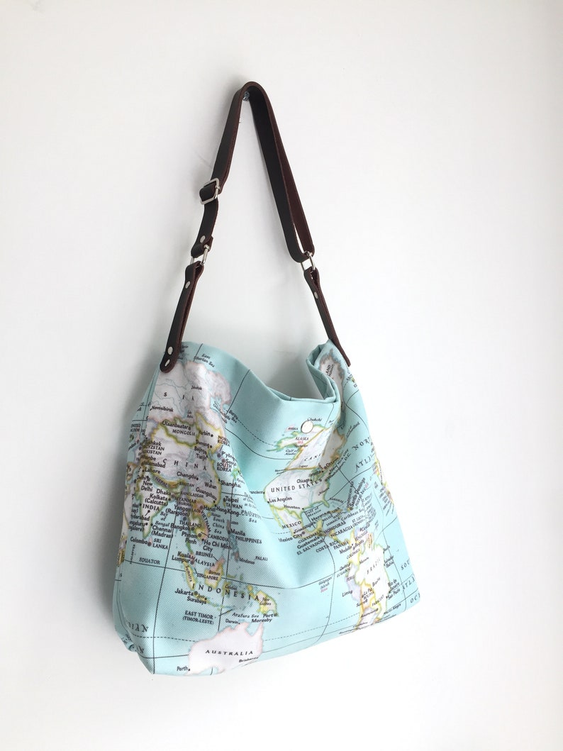 Bright Mint Bag Mint World Map Bag Leather Canvas Tote Tan Etsy