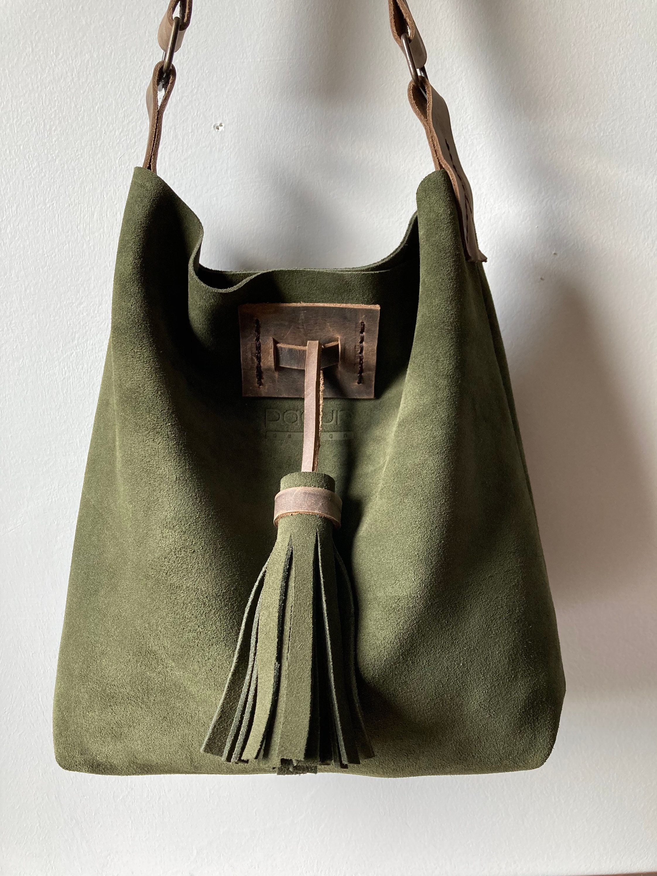 Khaki Suede Tote Sued and Leather Shoulder Bag Suede Hobo Etsy