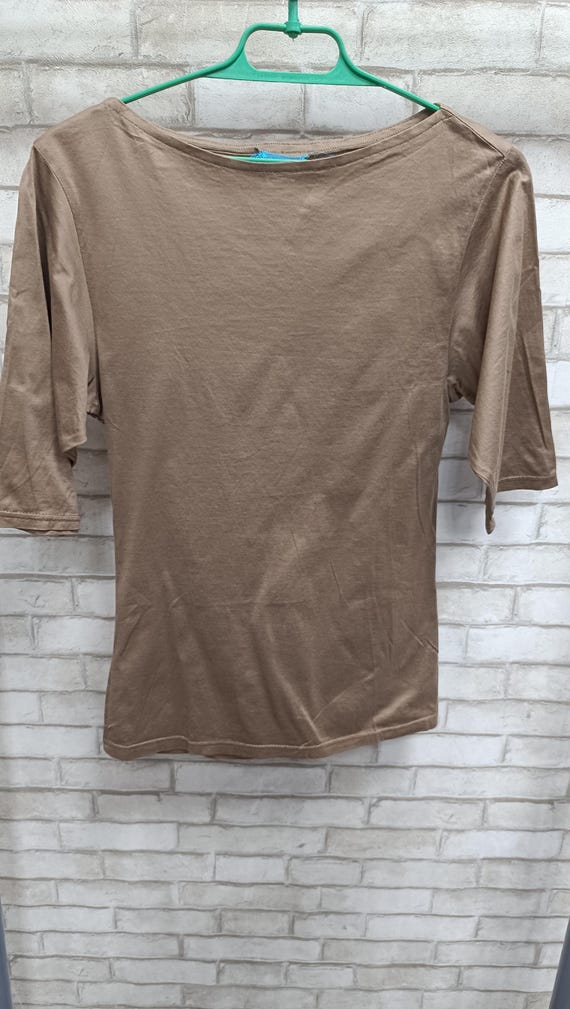Kenzo, Vintage Kenzo Paris 90s Brown Ribbed Top Made in France, Authentic Kenzo Archive Boat Neck 1/2 Sleeve Cotton Tee, Minimalist Quiet Luxury M