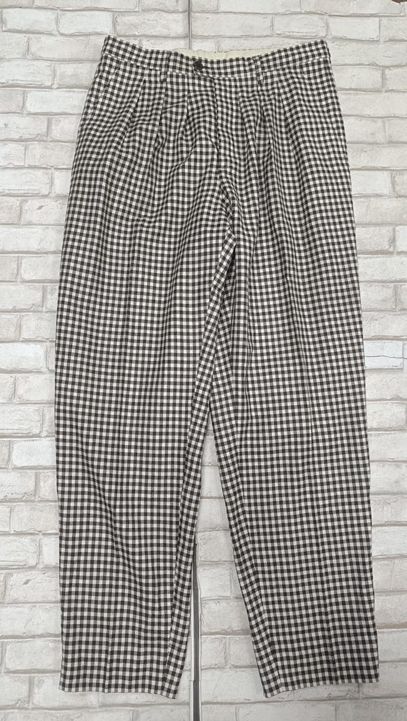 Kenzo, Vintage KENZO PARIS Gingham Wool Trousers / 80s 90s High Waisted Pleated Pants / Made in France / Size FR 42 L Archival Fashion