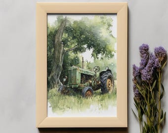 Vintage Tractor Wall Art | Rustic Farm Printable | Watercolor Equipment Art | Digital Download | Country Landscape Decor