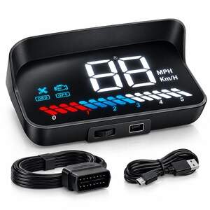 May include: A black digital head-up display unit with a screen showing white numerical speed, MPH and Km/H labels, and a multi-coloured tachometer bar. Includes a black OBD cable and a black USB power cable with a micro-USB connector.
