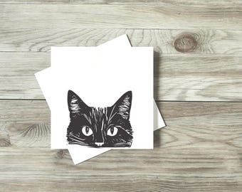 Black Cat Card Set of 10, Hand-Pressed 3x3 Blank Greeting With Envelopes