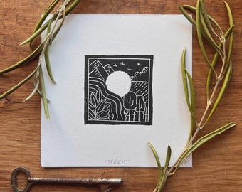 Pine Tree Linocut Print | Hand-Printed Black and White Art (4x4")