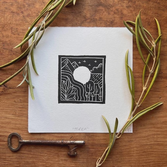 Pine Tree Linocut Print | Hand-Printed Black and White Art (4x4")