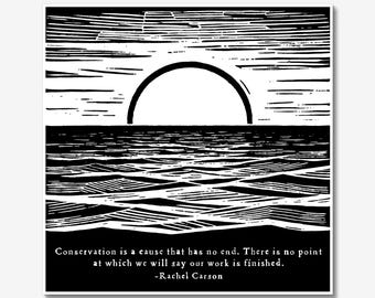 Rachel Carson Conservation Quote and Illustration Woodblock Print, 6x6 inch