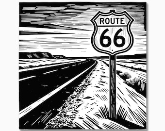 Route 66 Woodblock Print, Open Road and Landscape Illustration, Vintage Americana Wall Art